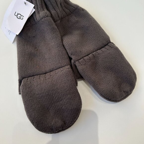 NWT UGG Mens Knit Flip Mittens Leather Palm Graphite L/XL Grey Wool Blend - Picture 5 of 11